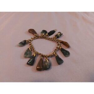 Vintage Gold-Tone Charm Bracelet Natural Stone Teardrop Dangles Boho Statement